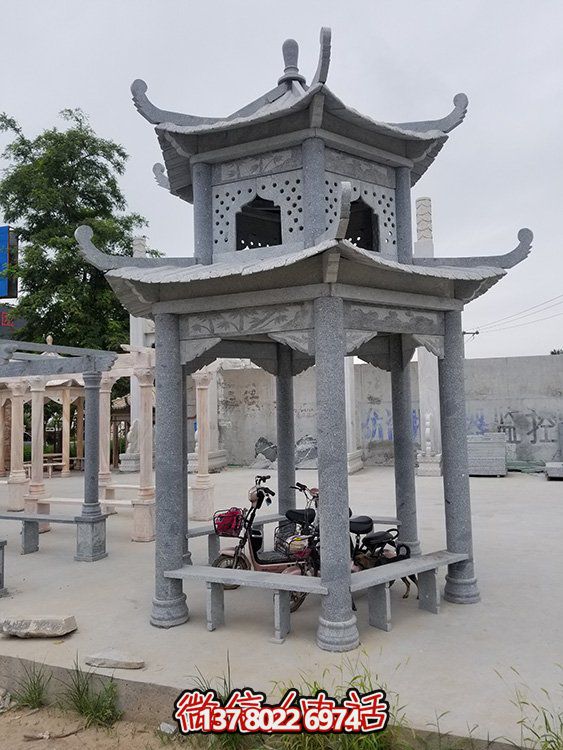 村文化廣場(chǎng)擺放大理青石雕刻二層休閑涼亭