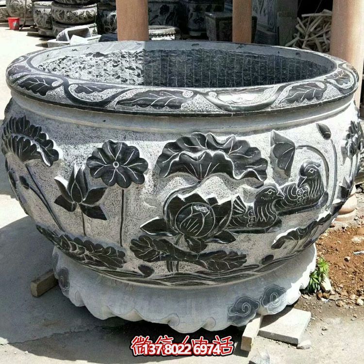 庭院大型青石仿古圓形魚(yú)缸石雕荷花缸雕塑