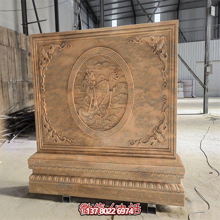 晚霞紅浮雕麒麟鎮(zhèn)宅招財(cái)庭院玄關(guān)擺放背景墻