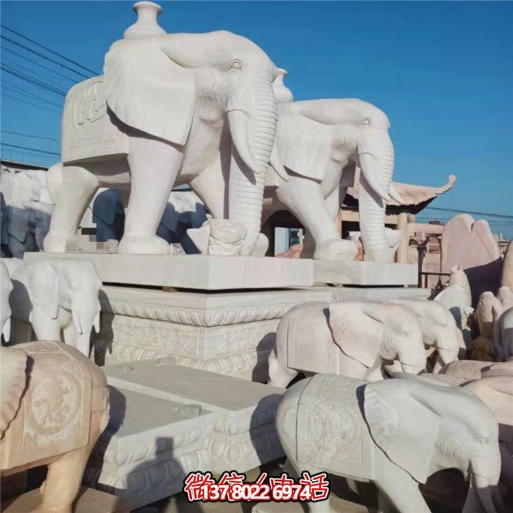 漢白玉石雕大象拖瓶寓意吉祥太平景點(diǎn)大門裝飾擺件